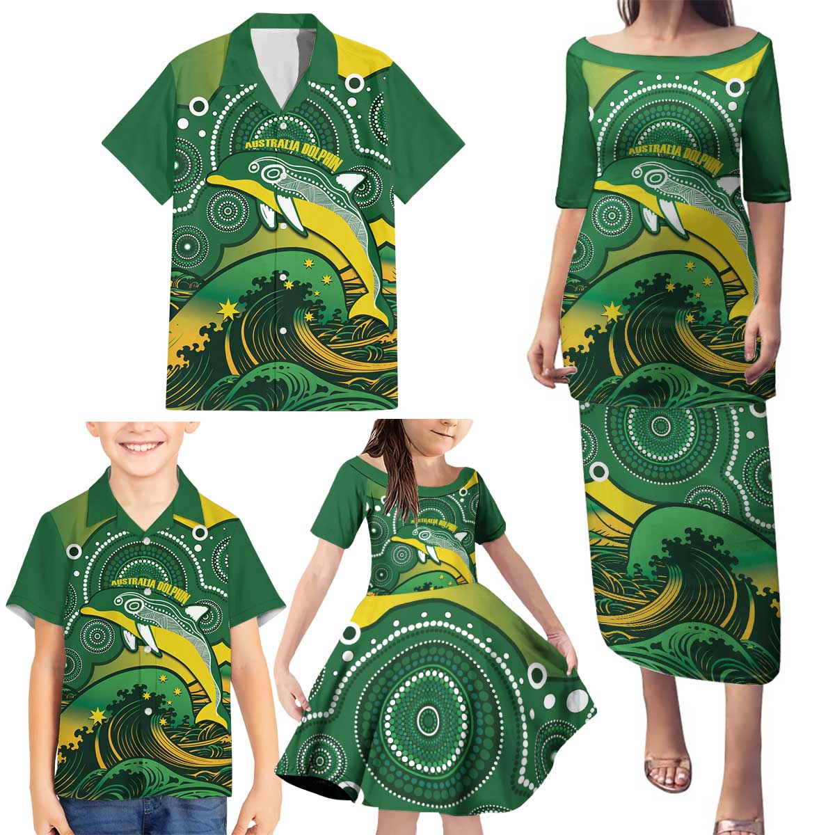Personalised Australia Swimming Family Matching Puletasi and Hawaiian Shirt Aussie Dolphin Aboriginal National Color