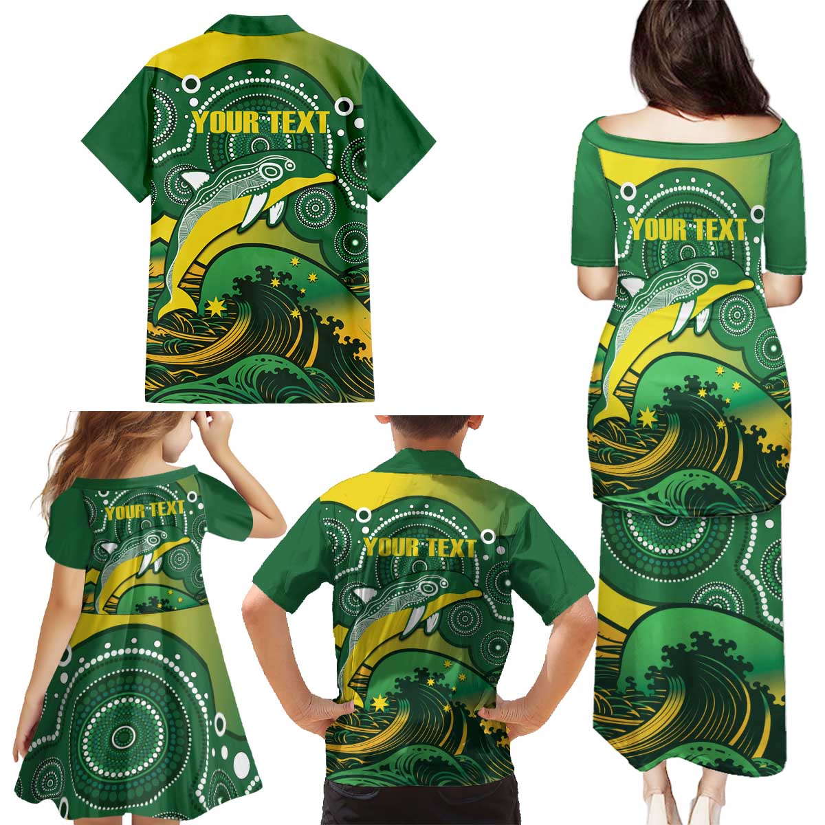 Personalised Australia Swimming Family Matching Puletasi and Hawaiian Shirt Aussie Dolphin Aboriginal National Color