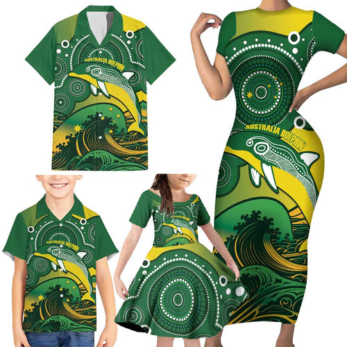 Personalised Australia Swimming Family Matching Short Sleeve Bodycon Dress and Hawaiian Shirt Aussie Dolphin Aboriginal National Color