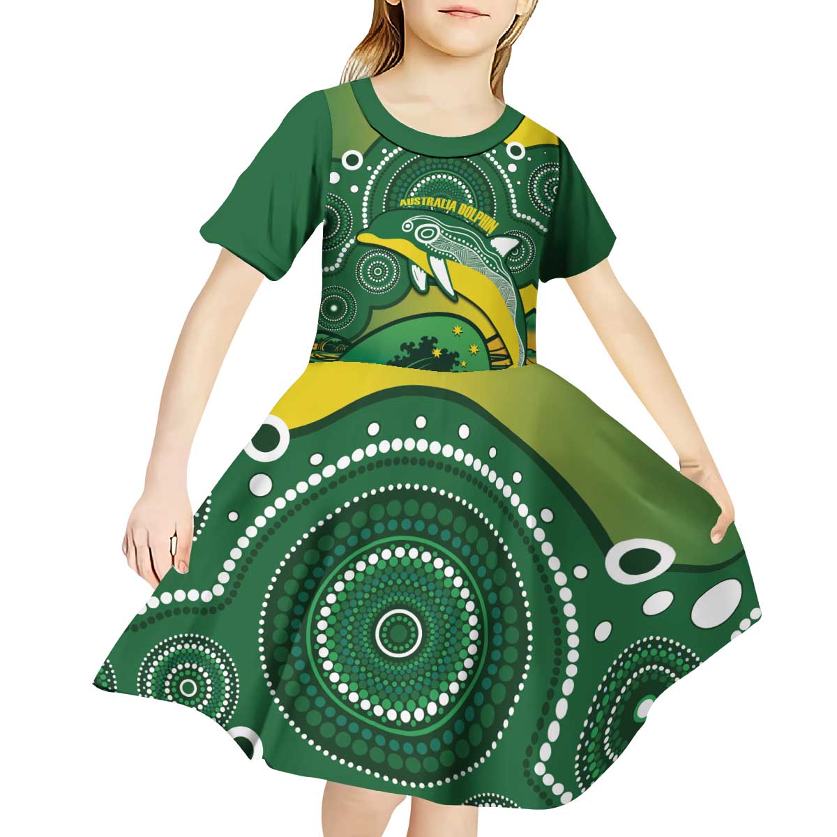 Personalised Australia Swimming Kid Short Sleeve Dress Aussie Dolphin Aboriginal National Color