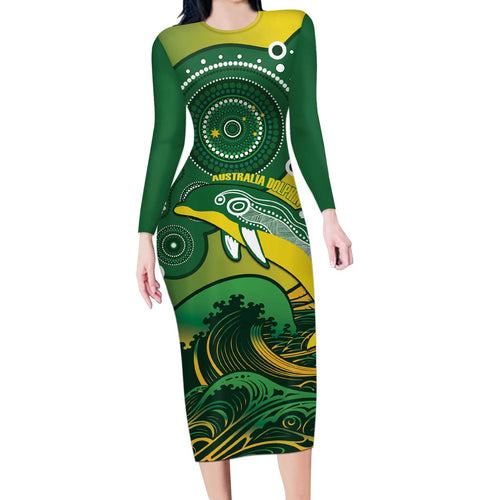 Personalised Australia Swimming Long Sleeve Bodycon Dress Aussie Dolphin Aboriginal National Color
