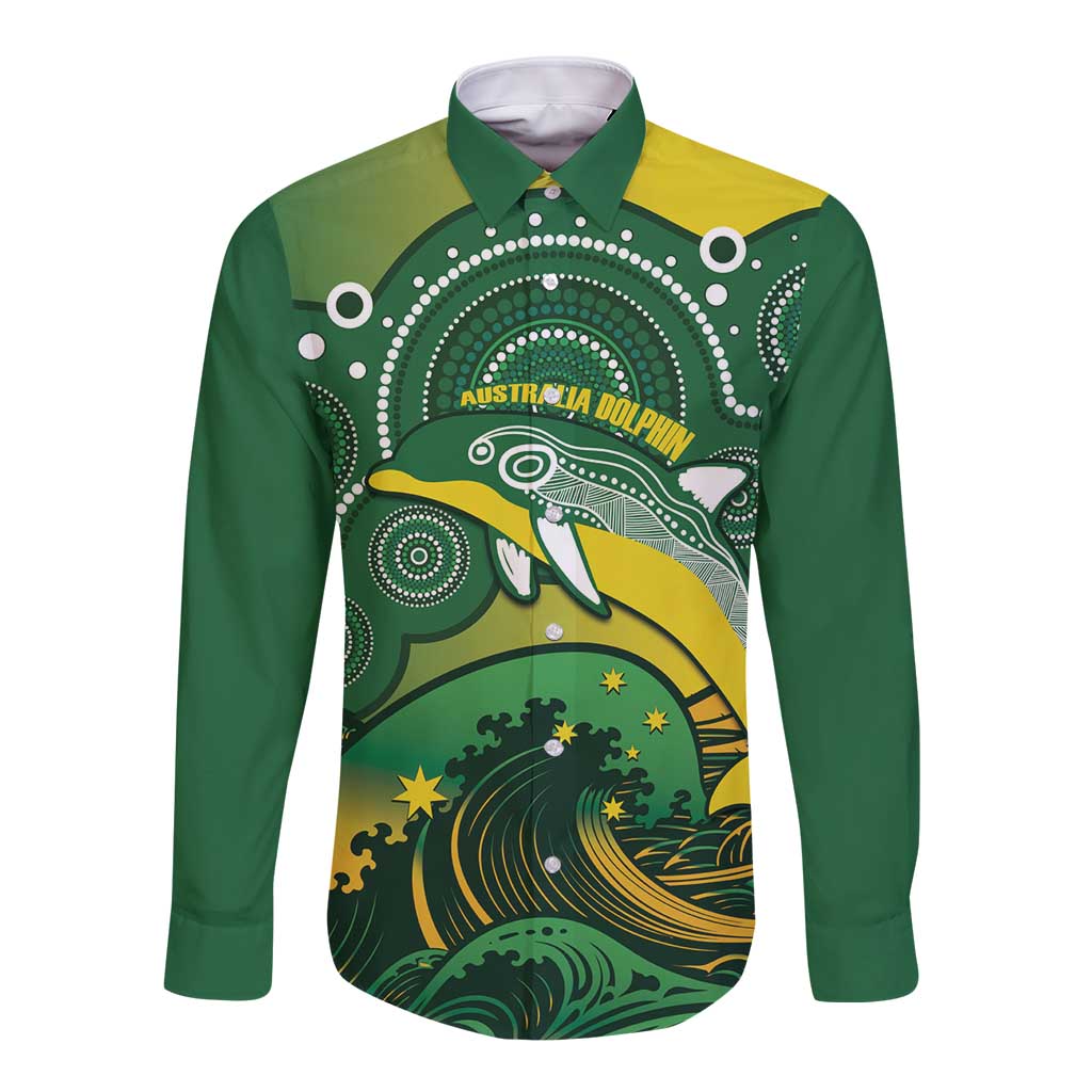 Personalised Australia Swimming Long Sleeve Button Shirt Aussie Dolphin Aboriginal National Color