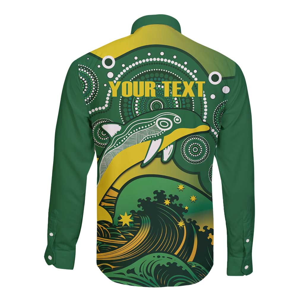 Personalised Australia Swimming Long Sleeve Button Shirt Aussie Dolphin Aboriginal National Color