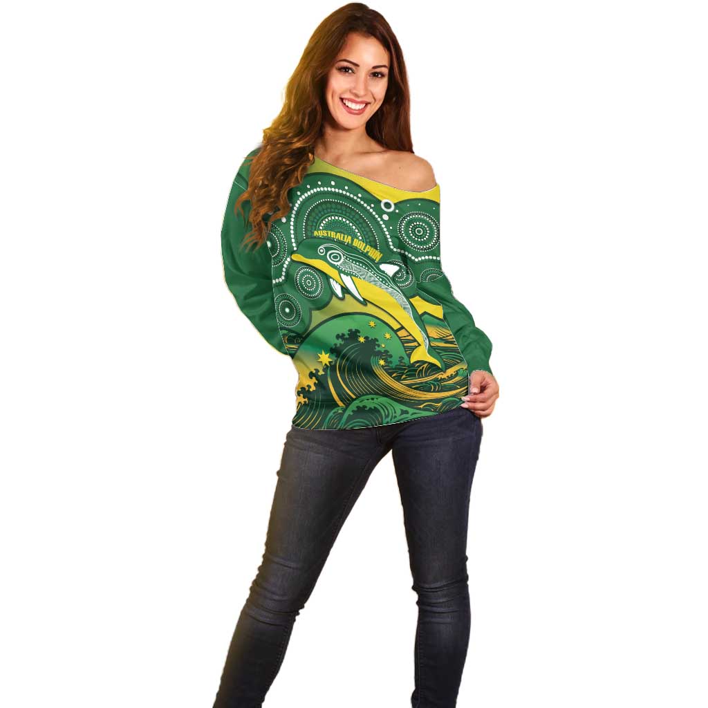 Personalised Australia Swimming Off Shoulder Sweater Aussie Dolphin Aboriginal National Color