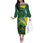 Personalised Australia Swimming Off The Shoulder Long Sleeve Dress Aussie Dolphin Aboriginal National Color