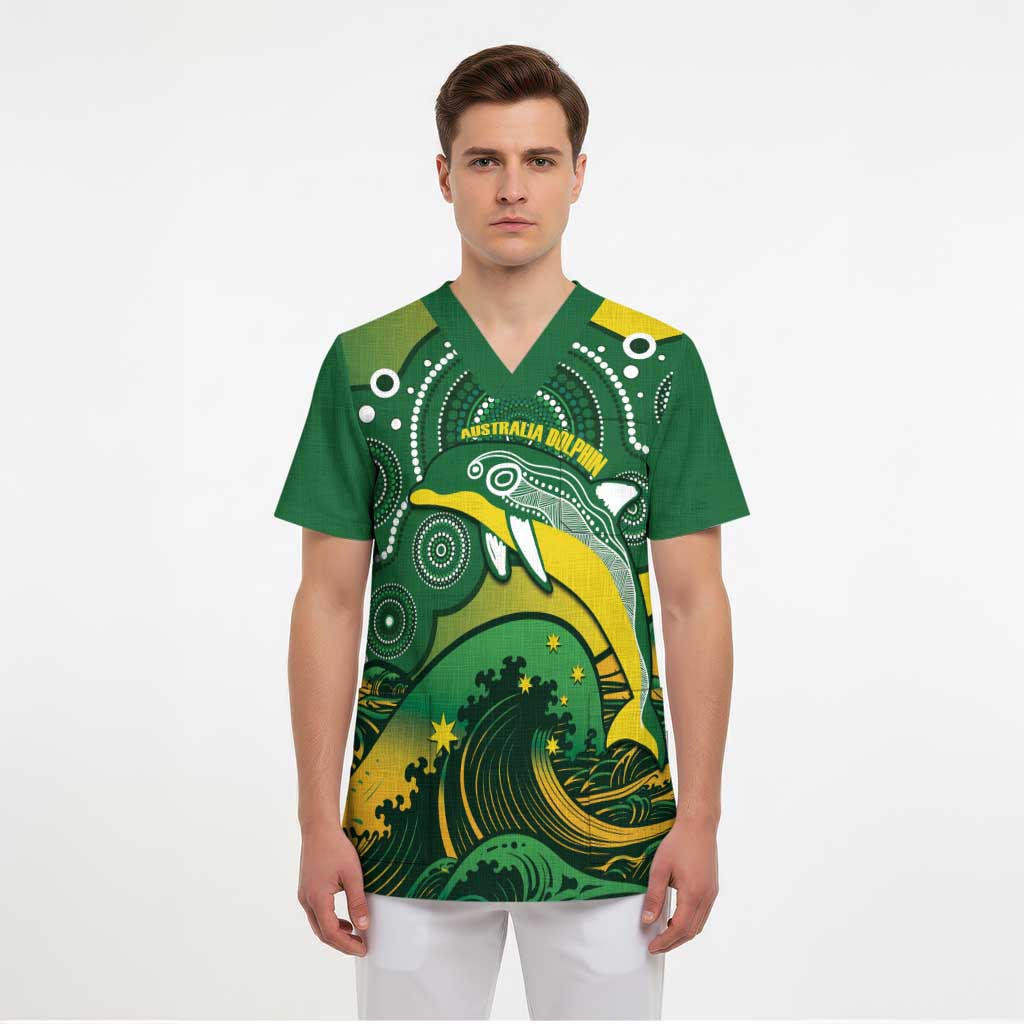 Personalised Australia Swimming Scrub Top Aussie Dolphin Aboriginal National Color - Aussie Hoodie