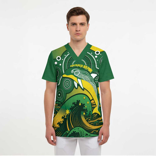 Personalised Australia Swimming Scrub Top Aussie Dolphin Aboriginal National Color - Aussie Hoodie