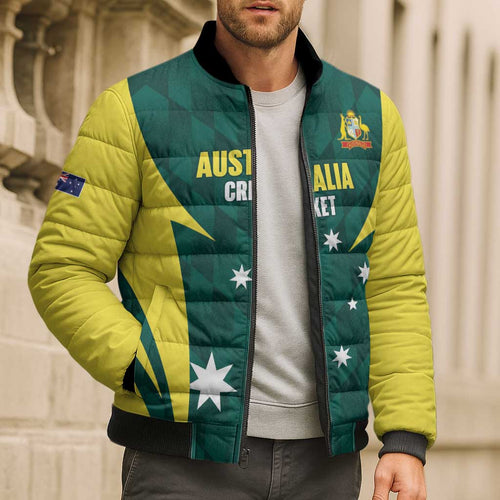 Australia Cricket Custom Bomber Puffer Jacket Go Aussie Dynamic Green - Aussie Hoodie