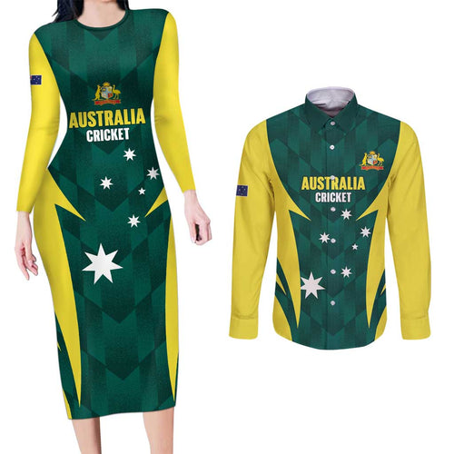 Australia Cricket Custom Couples Matching Long Sleeve Bodycon Dress and Long Sleeve Button Shirt Go Aussie Dynamic Green - Aussie Hoodie