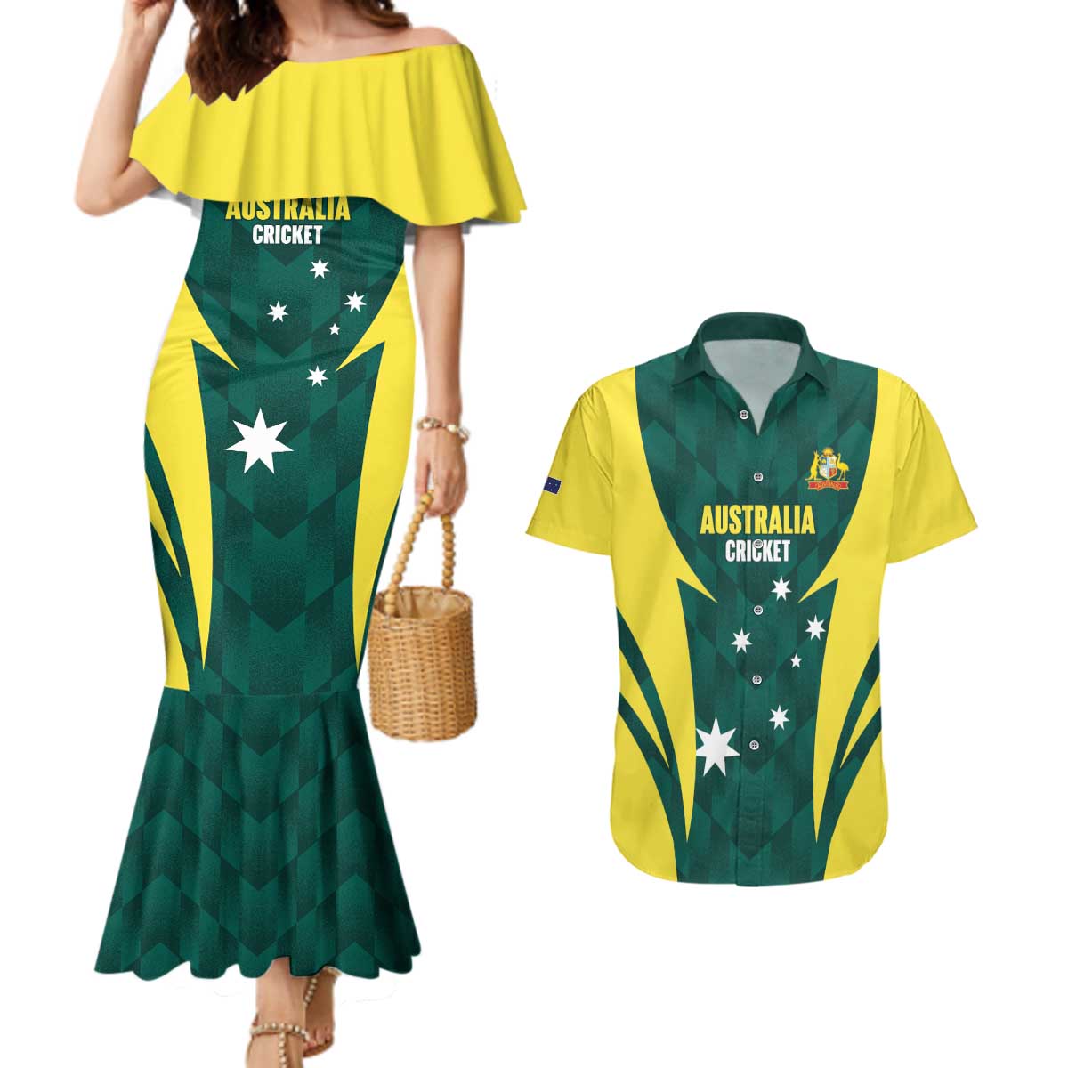 Australia Cricket Custom Couples Matching Mermaid Dress and Hawaiian Shirt Go Aussie Dynamic Green - Aussie Hoodie
