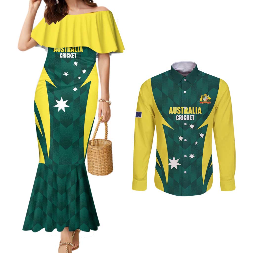 Australia Cricket Custom Couples Matching Mermaid Dress and Long Sleeve Button Shirt Go Aussie Dynamic Green - Aussie Hoodie