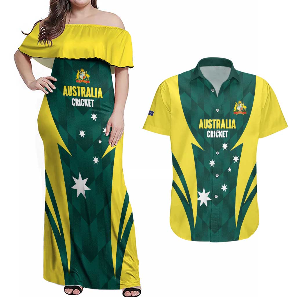 Australia Cricket Custom Couples Matching Off Shoulder Maxi Dress and Hawaiian Shirt Go Aussie Dynamic Green - Aussie Hoodie