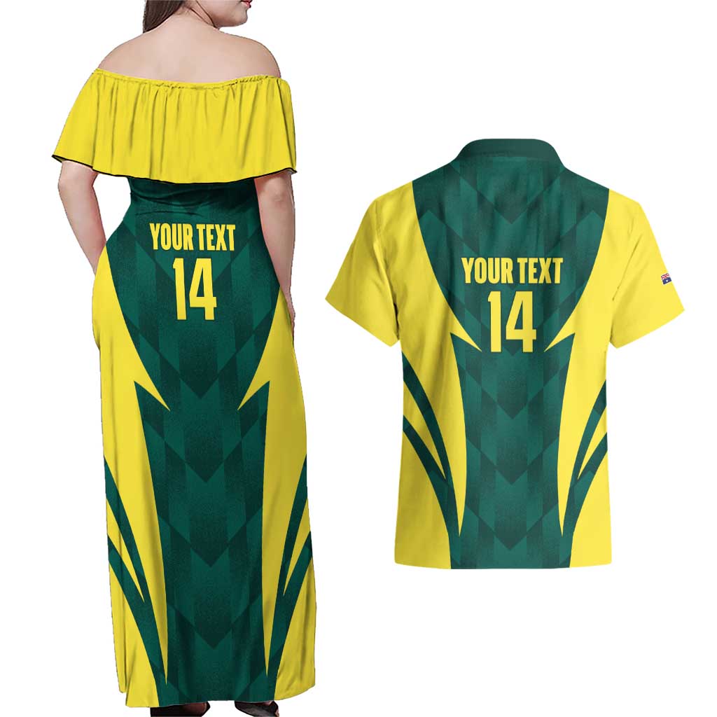 Australia Cricket Custom Couples Matching Off Shoulder Maxi Dress and Hawaiian Shirt Go Aussie Dynamic Green - Aussie Hoodie
