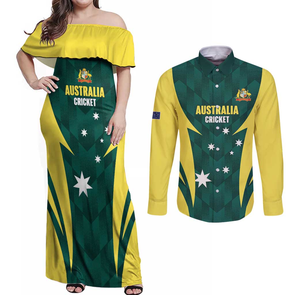 Australia Cricket Custom Couples Matching Off Shoulder Maxi Dress and Long Sleeve Button Shirt Go Aussie Dynamic Green - Aussie Hoodie
