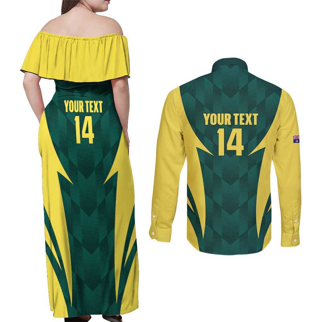 Australia Cricket Custom Couples Matching Off Shoulder Maxi Dress and Long Sleeve Button Shirt Go Aussie Dynamic Green - Aussie Hoodie
