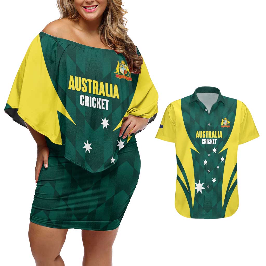 Australia Cricket Custom Couples Matching Off Shoulder Short Dress and Hawaiian Shirt Go Aussie Dynamic Green - Aussie Hoodie