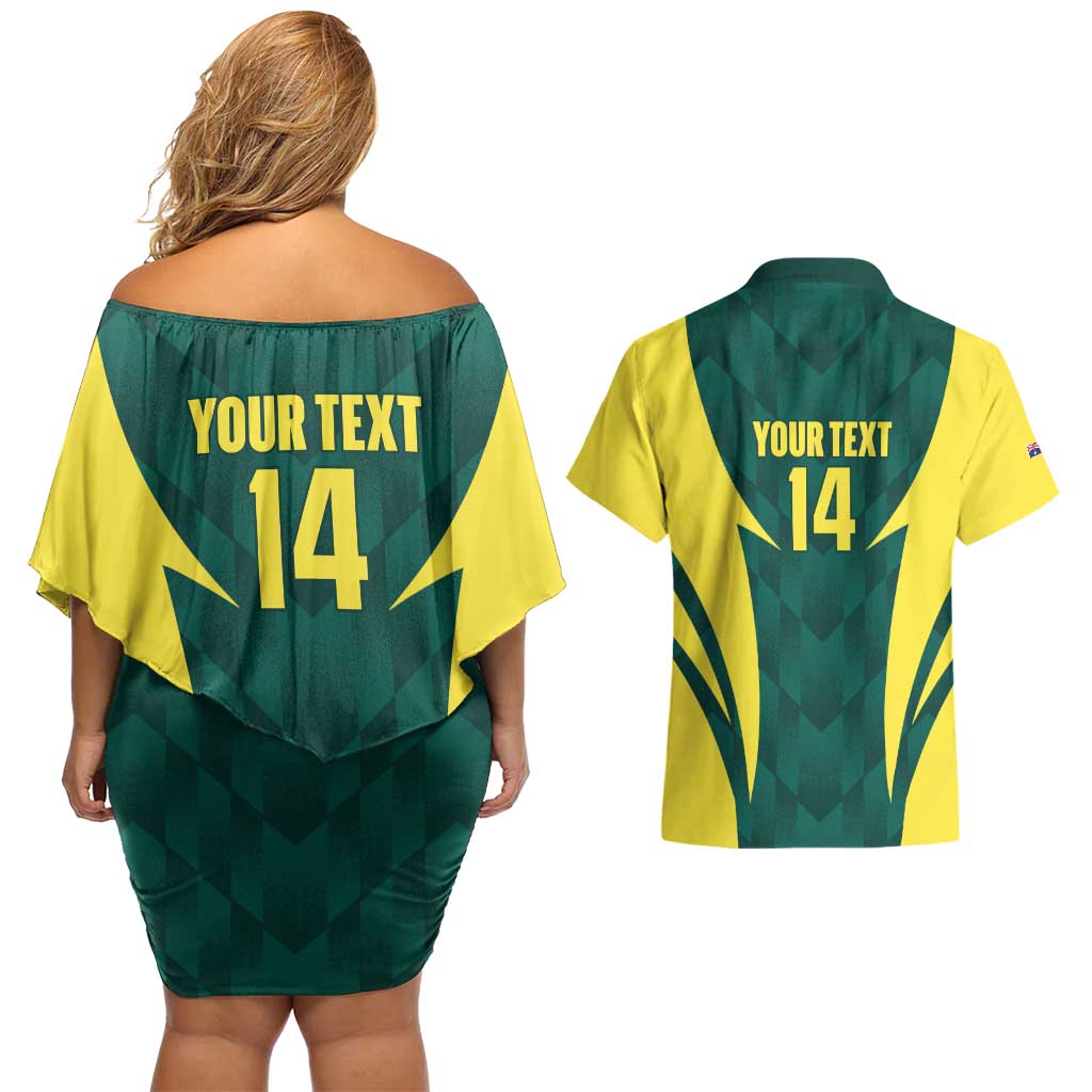 Australia Cricket Custom Couples Matching Off Shoulder Short Dress and Hawaiian Shirt Go Aussie Dynamic Green - Aussie Hoodie