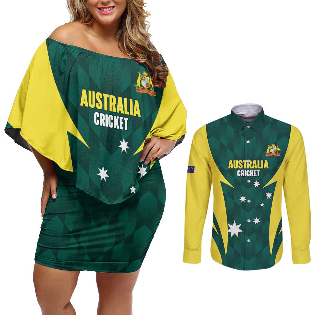 Australia Cricket Custom Couples Matching Off Shoulder Short Dress and Long Sleeve Button Shirt Go Aussie Dynamic Green - Aussie Hoodie