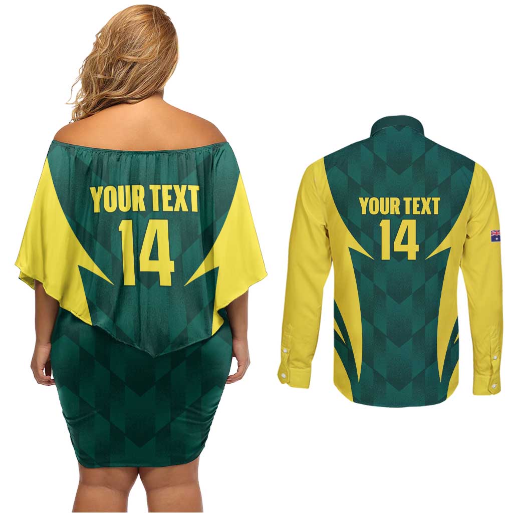 Australia Cricket Custom Couples Matching Off Shoulder Short Dress and Long Sleeve Button Shirt Go Aussie Dynamic Green - Aussie Hoodie