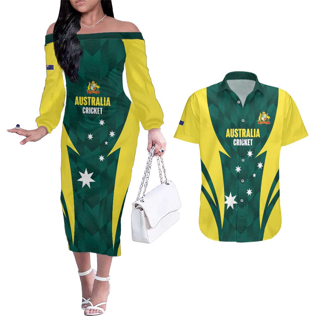 Australia Cricket Custom Couples Matching Off The Shoulder Long Sleeve Dress and Hawaiian Shirt Go Aussie Dynamic Green - Aussie Hoodie