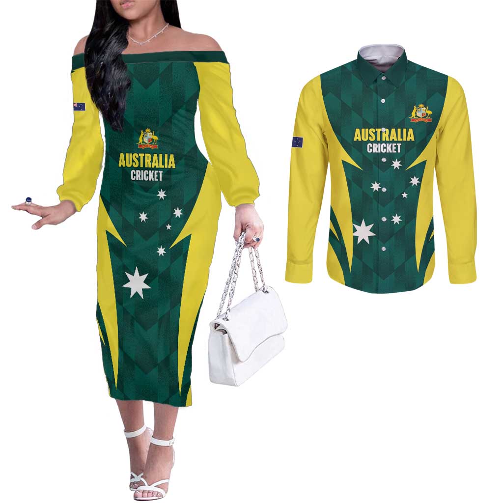 Australia Cricket Custom Couples Matching Off The Shoulder Long Sleeve Dress and Long Sleeve Button Shirt Go Aussie Dynamic Green - Aussie Hoodie