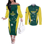 Australia Cricket Custom Couples Matching Off The Shoulder Long Sleeve Dress and Long Sleeve Button Shirt Go Aussie Dynamic Green - Aussie Hoodie