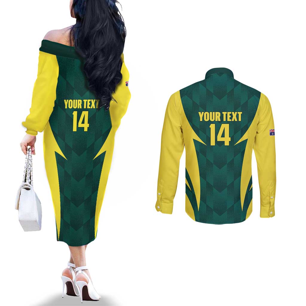 Australia Cricket Custom Couples Matching Off The Shoulder Long Sleeve Dress and Long Sleeve Button Shirt Go Aussie Dynamic Green - Aussie Hoodie