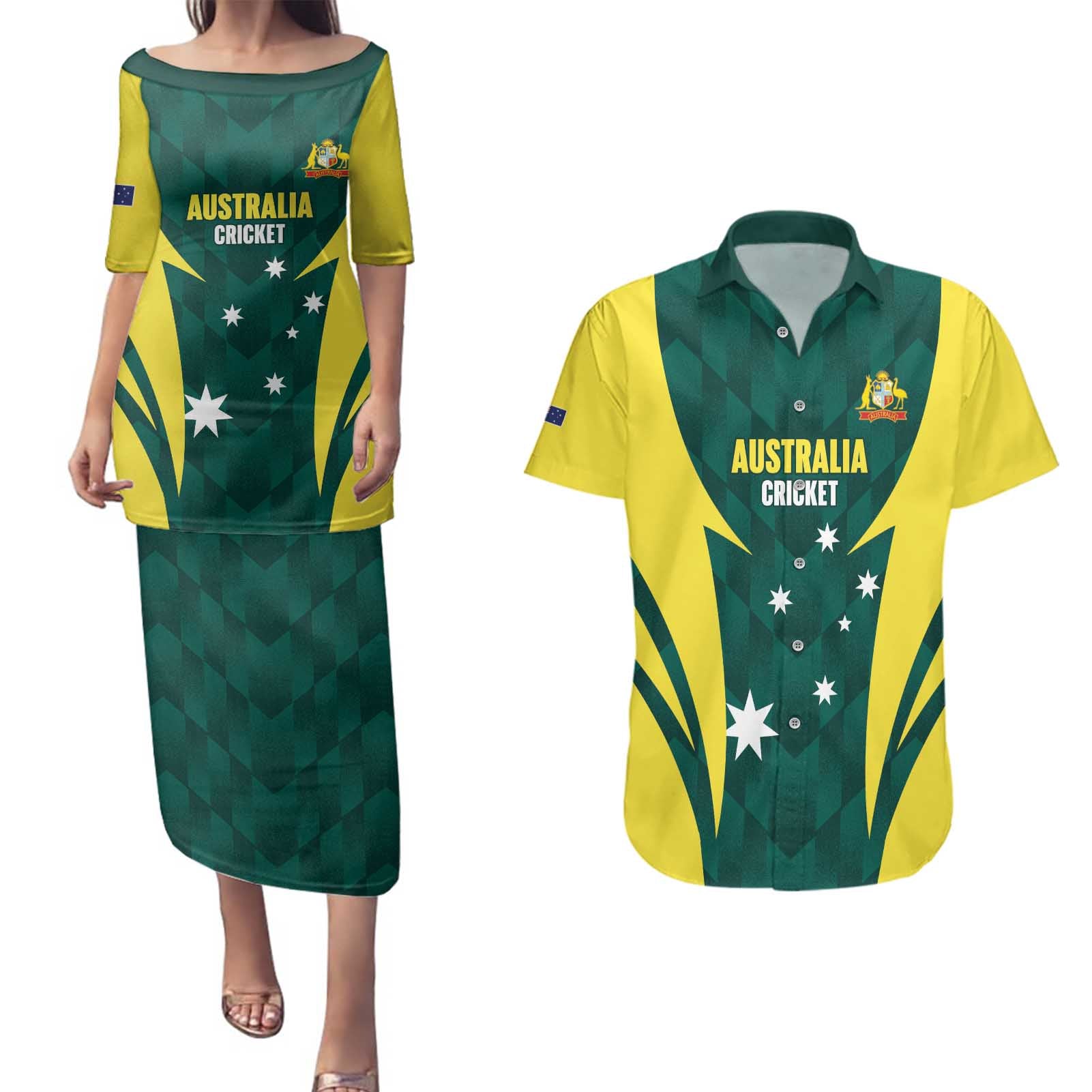 Australia Cricket Custom Couples Matching Puletasi and Hawaiian Shirt Go Aussie Dynamic Green - Aussie Hoodie