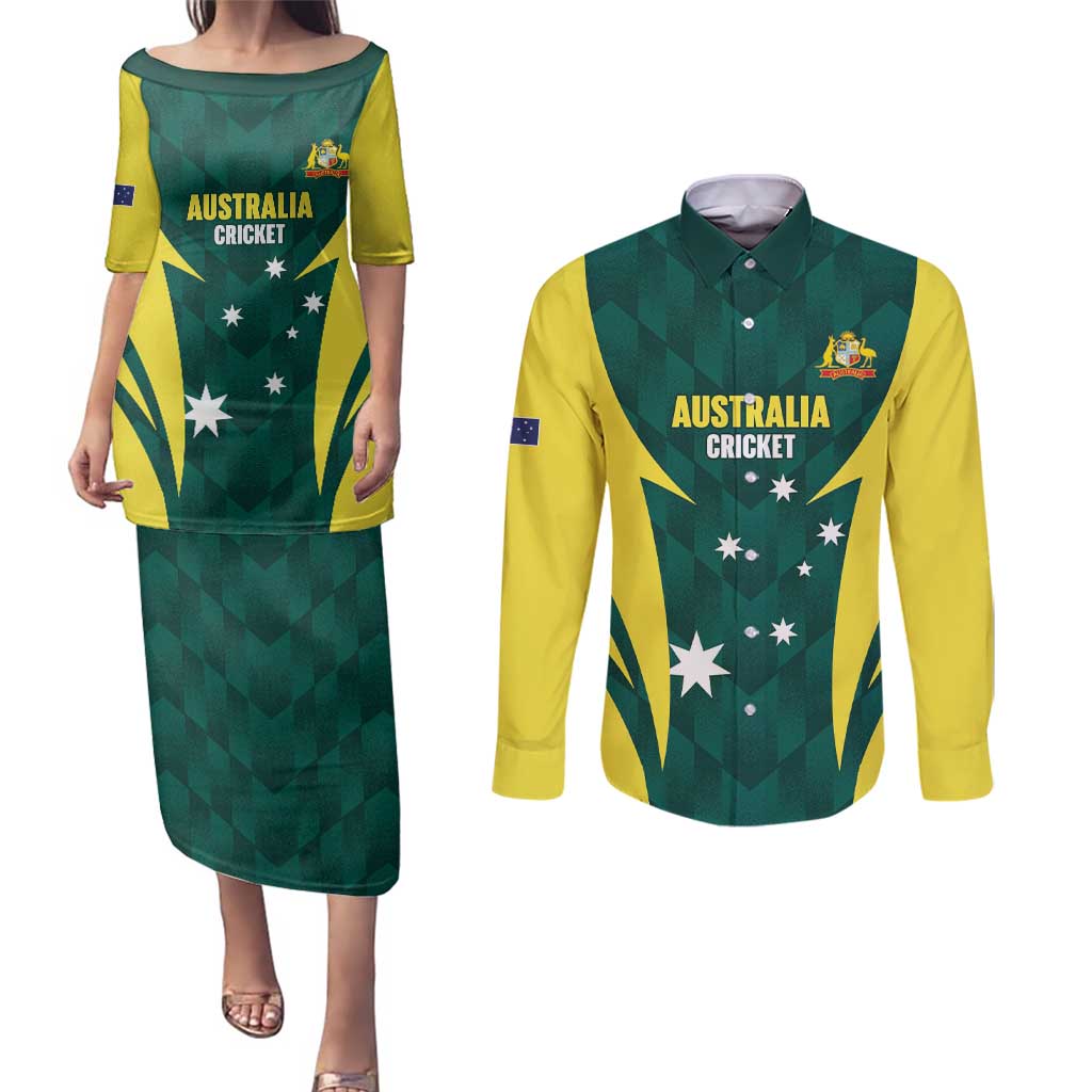 Australia Cricket Custom Couples Matching Puletasi and Long Sleeve Button Shirt Go Aussie Dynamic Green - Aussie Hoodie