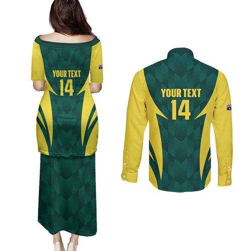 Australia Cricket Custom Couples Matching Puletasi and Long Sleeve Button Shirt Go Aussie Dynamic Green - Aussie Hoodie