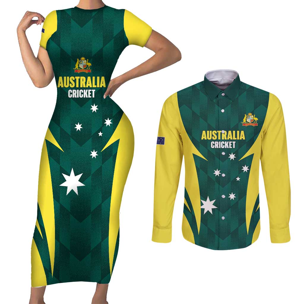 Australia Cricket Custom Couples Matching Short Sleeve Bodycon Dress and Long Sleeve Button Shirt Go Aussie Dynamic Green - Aussie Hoodie