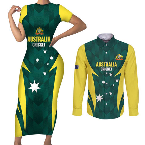 Australia Cricket Custom Couples Matching Short Sleeve Bodycon Dress and Long Sleeve Button Shirt Go Aussie Dynamic Green - Aussie Hoodie