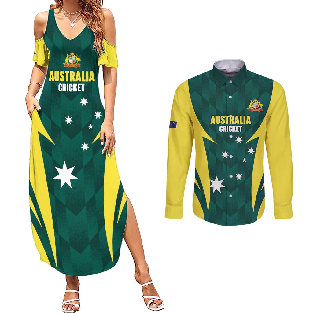 Australia Cricket Custom Couples Matching Summer Maxi Dress and Long Sleeve Button Shirt Go Aussie Dynamic Green - Aussie Hoodie
