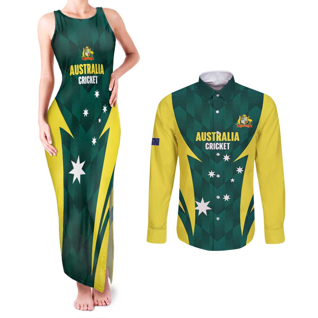 Australia Cricket Custom Couples Matching Tank Maxi Dress and Long Sleeve Button Shirt Go Aussie Dynamic Green - Aussie Hoodie