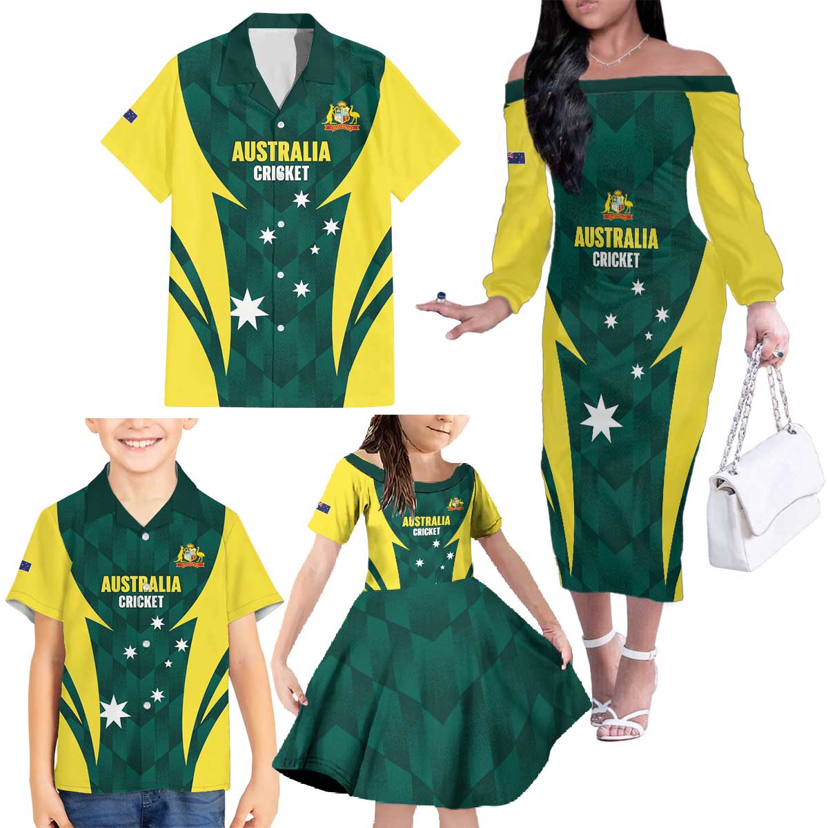 Australia Cricket Custom Family Matching Off The Shoulder Long Sleeve Dress and Hawaiian Shirt Go Aussie Dynamic Green - Aussie Hoodie