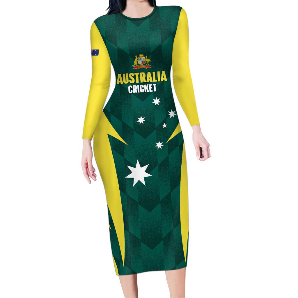 Australia Cricket Custom Long Sleeve Bodycon Dress Go Aussie Dynamic Green - Aussie Hoodie