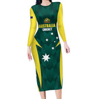 Australia Cricket Custom Long Sleeve Bodycon Dress Go Aussie Dynamic Green - Aussie Hoodie