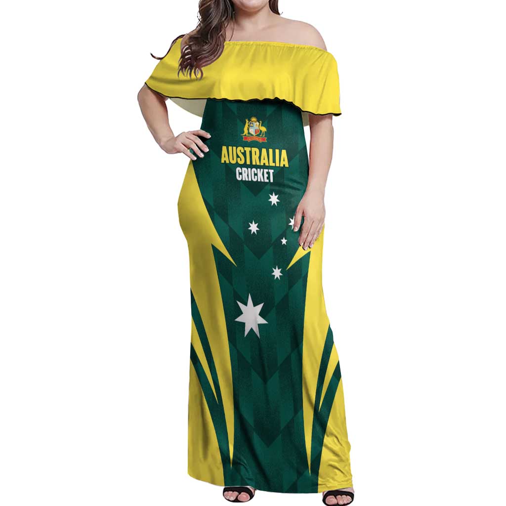 Australia Cricket Custom Off Shoulder Maxi Dress Go Aussie Dynamic Green - Aussie Hoodie