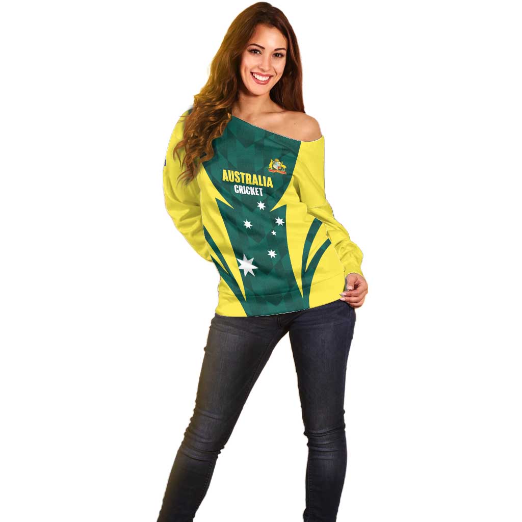 Australia Cricket Custom Off Shoulder Sweater Go Aussie Dynamic Green - Aussie Hoodie