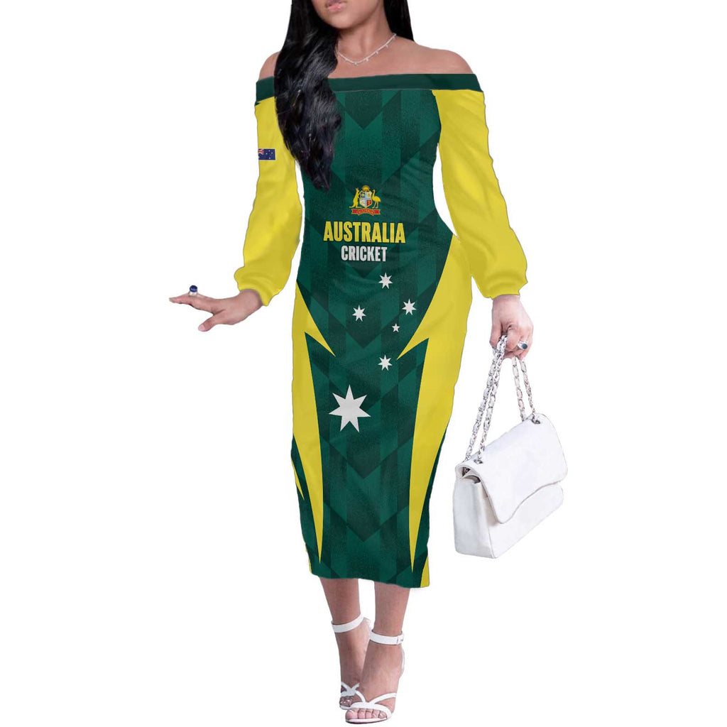 Australia Cricket Custom Off The Shoulder Long Sleeve Dress Go Aussie Dynamic Green - Aussie Hoodie