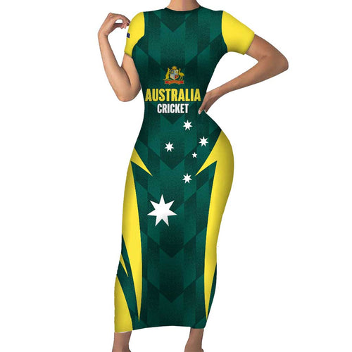 Australia Cricket Custom Short Sleeve Bodycon Dress Go Aussie Dynamic Green - Aussie Hoodie