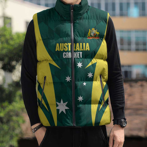 Australia Cricket Custom Sleeveless Puffer Jacket Go Aussie Dynamic Green - Aussie Hoodie
