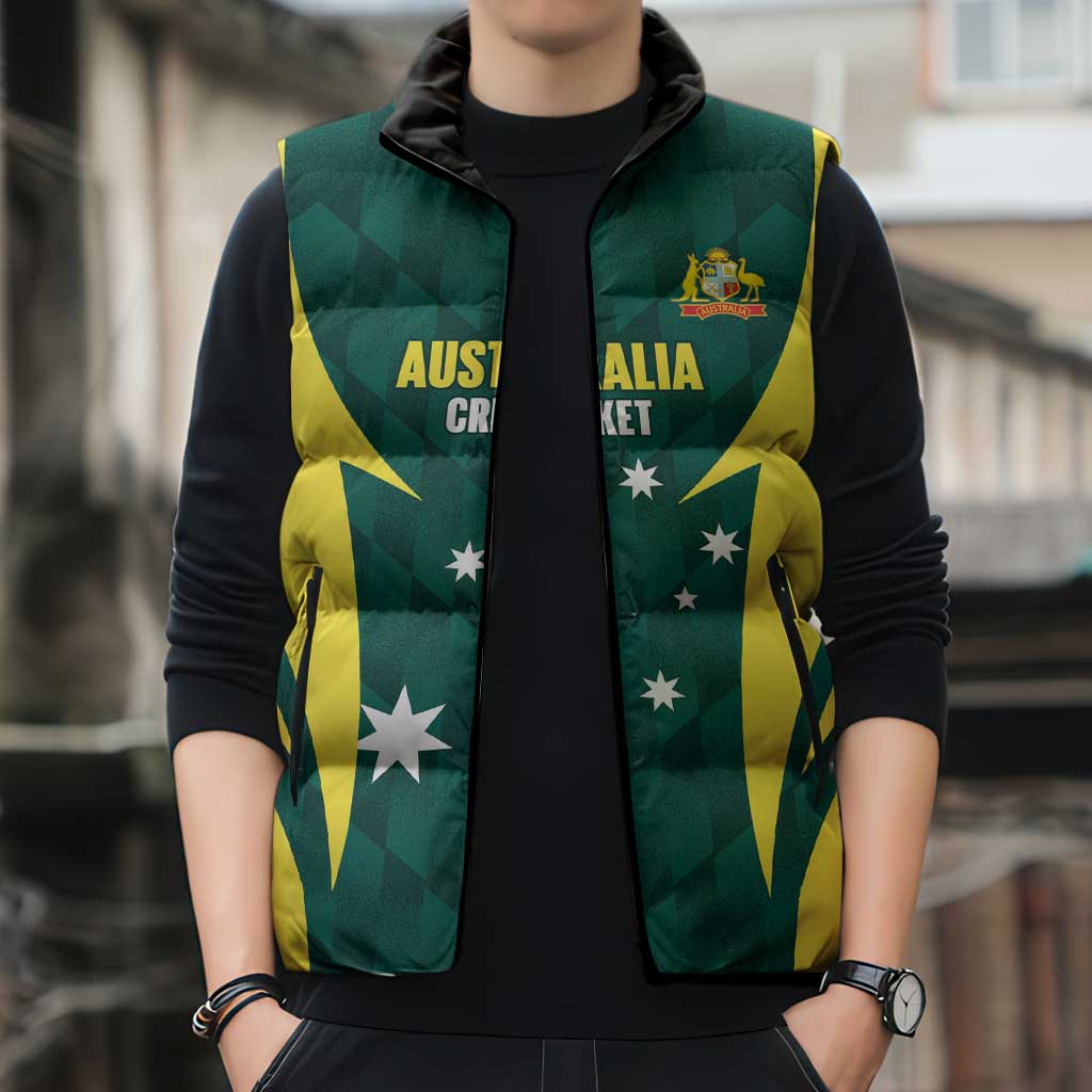 Australia Cricket Custom Sleeveless Puffer Jacket Go Aussie Dynamic Green - Aussie Hoodie