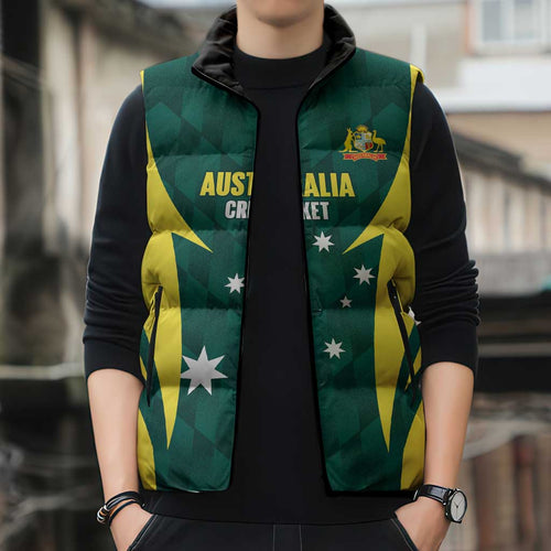 Australia Cricket Custom Sleeveless Puffer Jacket Go Aussie Dynamic Green - Aussie Hoodie