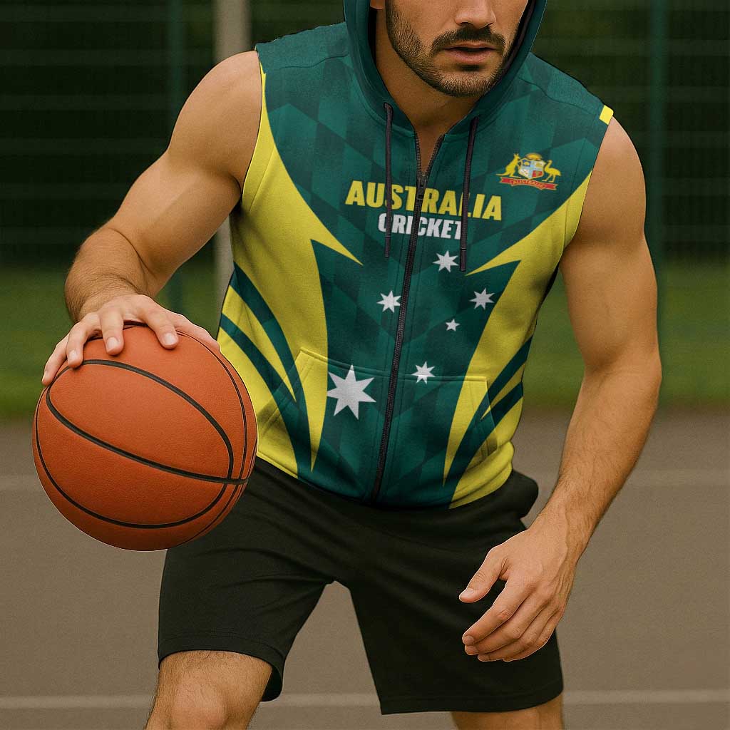 Australia Cricket Custom Sleeveless Zip Hoodie Go Aussie Dynamic Green LT14