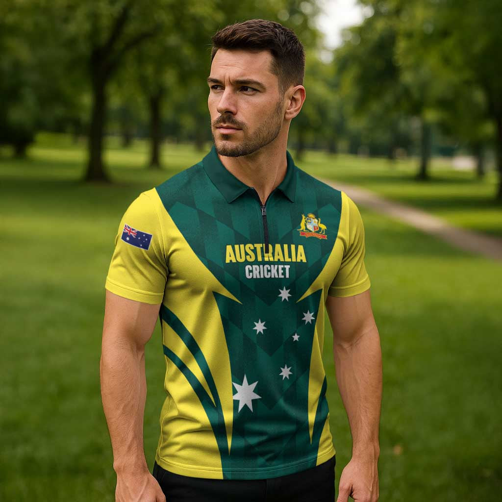 Australia Cricket Custom Zipper Polo Shirt Go Aussie Dynamic Green - Aussie Hoodie