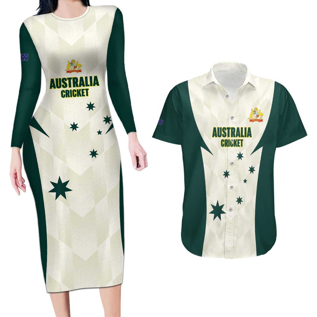 Australia Cricket Custom Couples Matching Long Sleeve Bodycon Dress and Hawaiian Shirt Go Aussie Test Dynamic White - Aussie Hoodie