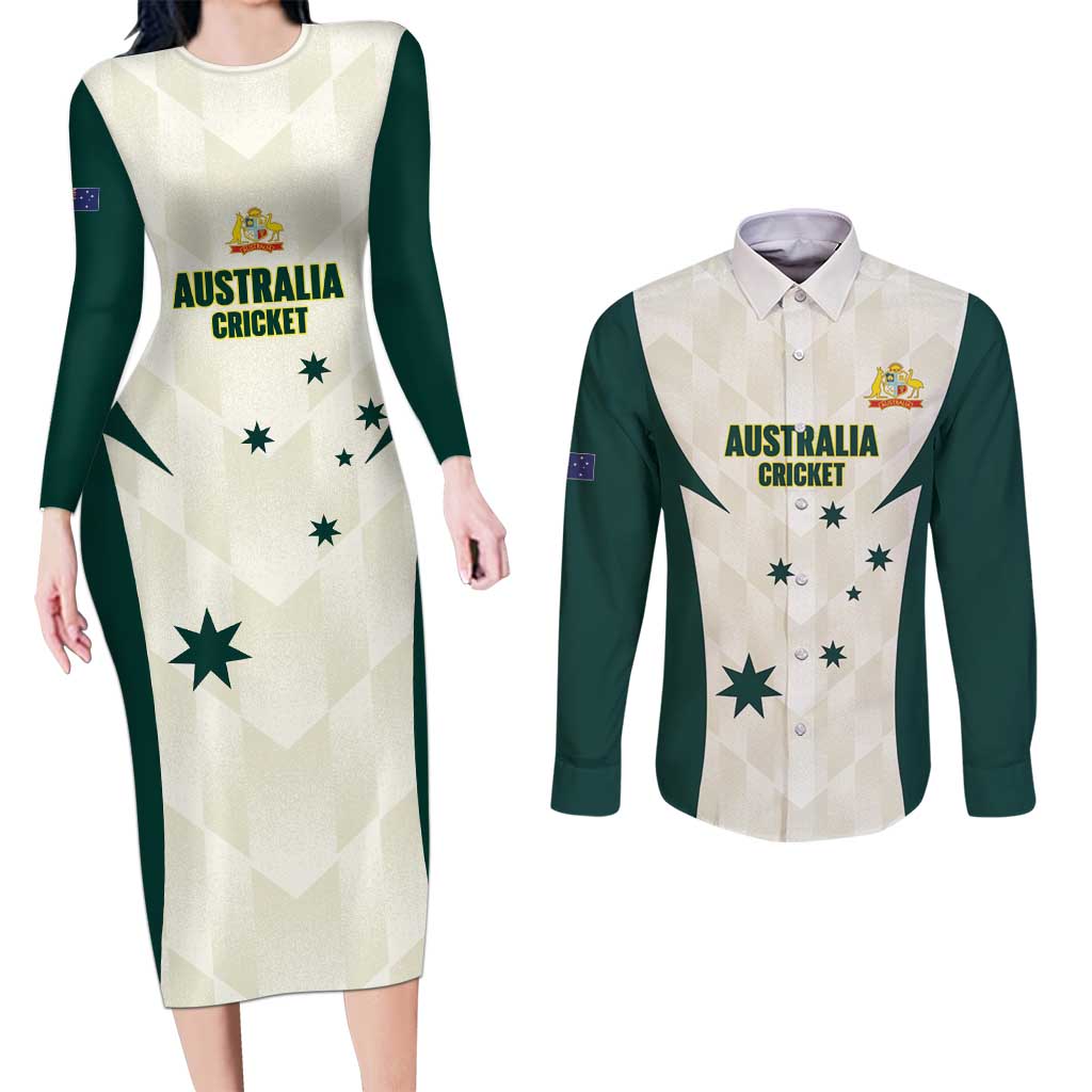 Australia Cricket Custom Couples Matching Long Sleeve Bodycon Dress and Long Sleeve Button Shirt Go Aussie Test Dynamic White - Aussie Hoodie
