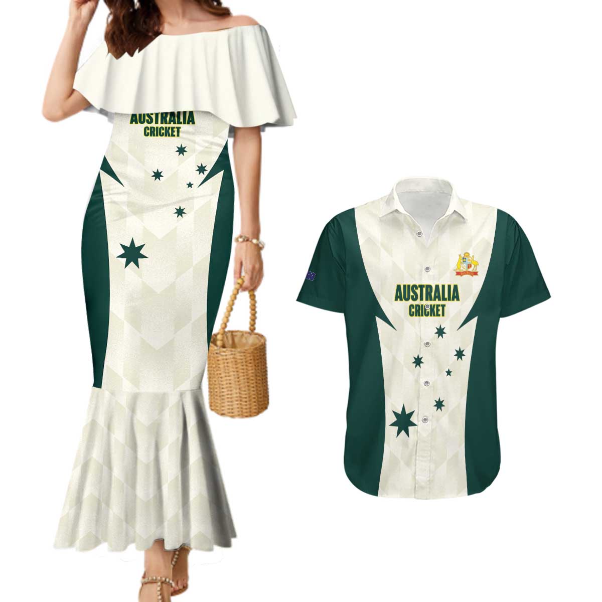Australia Cricket Custom Couples Matching Mermaid Dress and Hawaiian Shirt Go Aussie Test Dynamic White - Aussie Hoodie