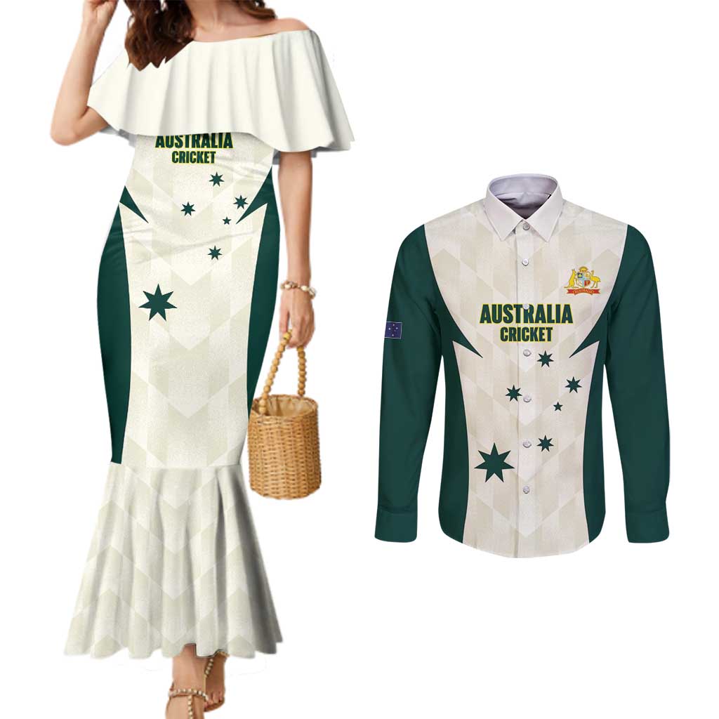 Australia Cricket Custom Couples Matching Mermaid Dress and Long Sleeve Button Shirt Go Aussie Test Dynamic White - Aussie Hoodie